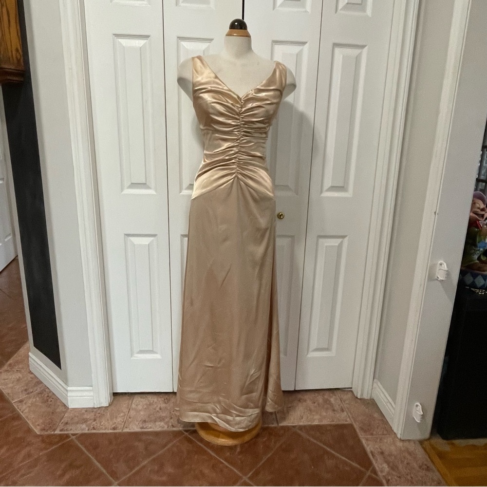 Jessica McClintock Champagne Satin Ruched Maxi Dress